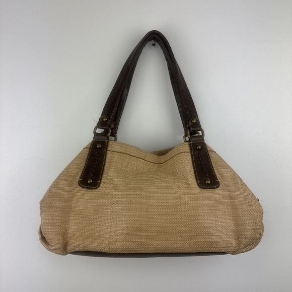 Fossil Beige Canvas Shoulder Bag with Brown Leather Handles - Picture 2 of 15
